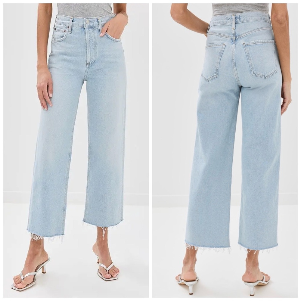 Agolde Ren High Rise Wide‎ Leg Ankle Raw Hem Smash Blue Light Wash Sz 31